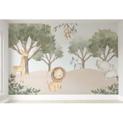 Papel de Parede Infantil Safari Animais Floresta Verde - VR556