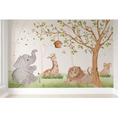 Papel de Parede Infantil Safari Animal Leãozinho e Elefantinho