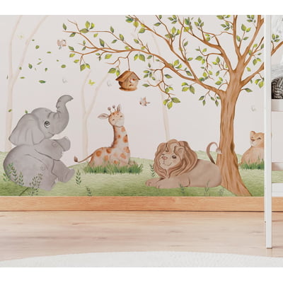 Papel de Parede Infantil Safari Animal Leãozinho e Elefantinho