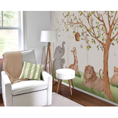 Papel de Parede Infantil Safari Animal Leãozinho e Elefantinho - VR541