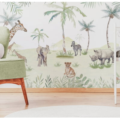 Papel de Parede Infantil Safari Floresta Animais Coqueiro