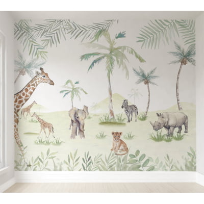 Papel de Parede Infantil Safari Floresta Animais Coqueiro