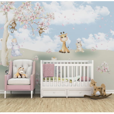 Papel de Parede infantil safari floresta árvore floral - VR689