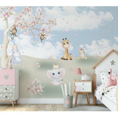 Papel de Parede infantil safari floresta árvore floral - VR689