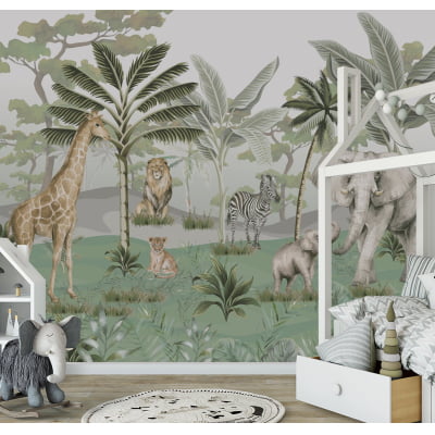 Papel de Parede Infantil Safari Folhagem Elefante Girafa Leão Zebra Animais - VR582