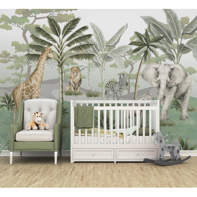 Papel de Parede Infantil Safari Folhagem Elefante Girafa Leão Zebra Animais - VR582