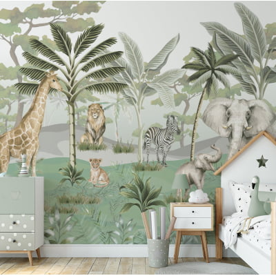 Papel de Parede Infantil Safari Folhagem Elefante Girafa Leão Zebra Animais - VR582