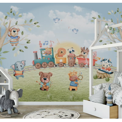 Papel De Parede Safari Trenzinho Quarto Infantil Bebê VR592