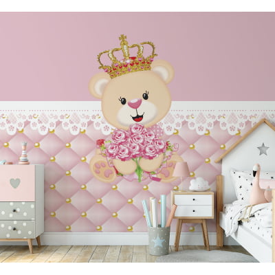 Papel de Parede Infantil Ursinha Princesa com Flores - VR269