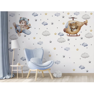 Papel de Parede infantil ursinhos pilotos estrelas - VR686