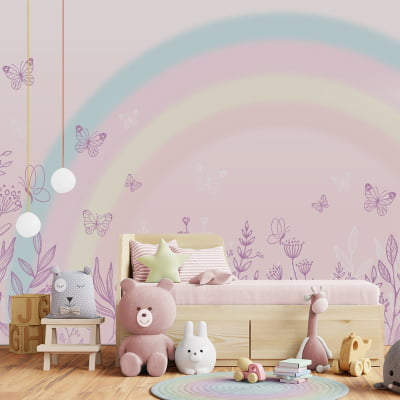 Papel De Parede Jardim Floral Borboletinhas Arco-íris Infantil - VR631