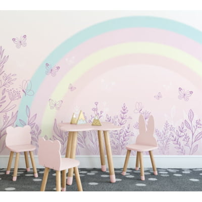 Papel De Parede Jardim Floral Borboletinhas Arco-íris Infantil - VR631