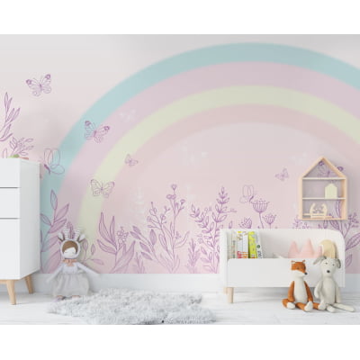 Papel De Parede Jardim Floral Borboletinhas Arco-íris Infantil - VR631