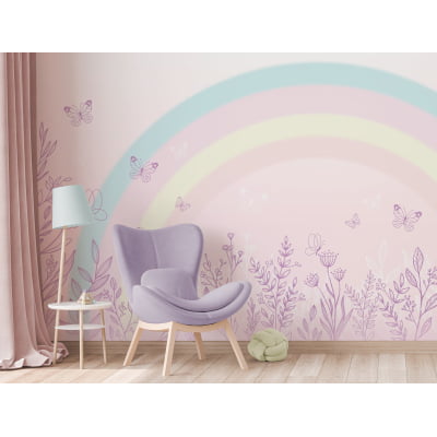 Papel De Parede Jardim Floral Borboletinhas Arco-íris Infantil - VR631