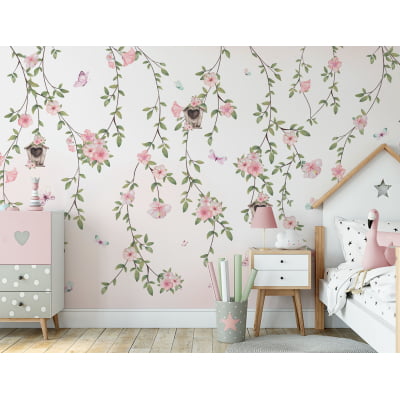 Papel De Parede Jardim Encantado Flores Rosa Infantil Pp707