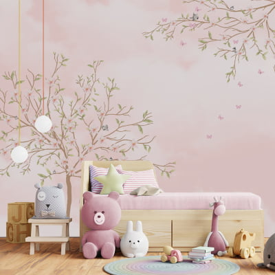 Papel de Parede Jardim Flores Galhos Árvores Rosa Menina Infantil VR12B