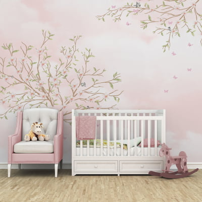 Papel de Parede Jardim Flores Galhos Árvores Rosa Menina Infantil VR12B