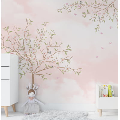 Papel de Parede Jardim Flores Galhos Árvores Rosa Menina Infantil VR12B