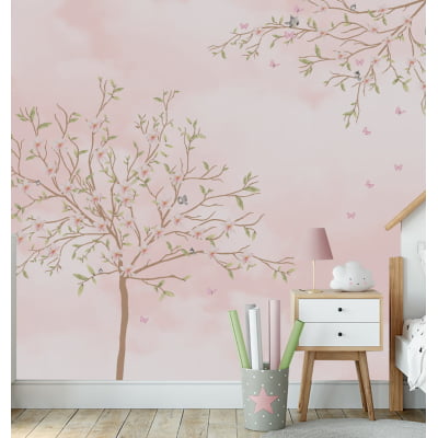 Papel de Parede Jardim Flores Galhos Árvores Rosa Menina Infantil VR12B