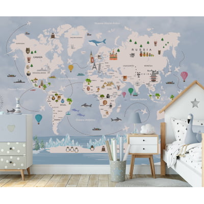 Papel de Parede Mapa Mundial Azul Gelo Infantil bebê - VR703