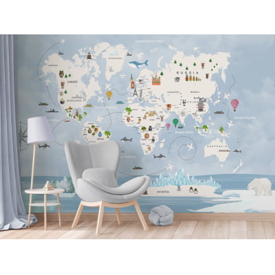 Papel de Parede Mapa Mundial Azul Gelo Infantil bebê - VR703