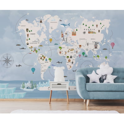 Papel de Parede Mapa Mundial Azul Gelo Infantil bebê - VR703