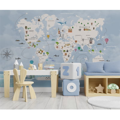 Papel de Parede Mapa Mundial Azul Gelo Infantil bebê - VR703