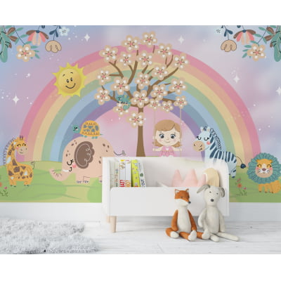 Papel De Parede Menina no balanço Arco-íris Floral Safari Infantil Bebê VR577