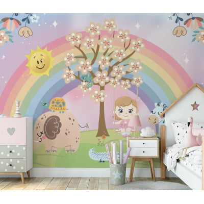 Papel De Parede Menina no balanço Arco-íris Floral Safari Infantil Bebê VR577