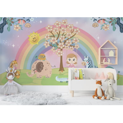 Papel De Parede Menina Arco-íris Floral menina no balanço Animais Safari Bebê M² VR577