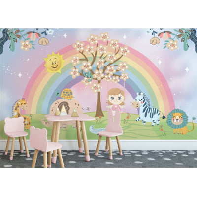 Papel De Parede Menina Arco-íris Floral menina no balanço Animais Safari Bebê M² VR577