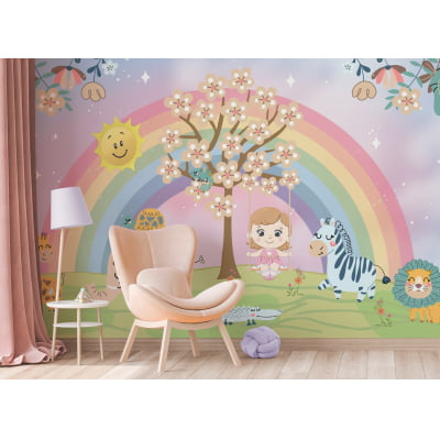 Papel De Parede Menina no balanço Arco-íris Floral Safari Infantil Bebê VR577