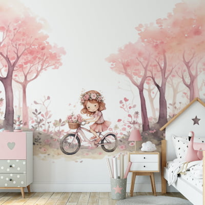 Papel De Parede Menininha Bicicleta Floresta Infantil - VR625