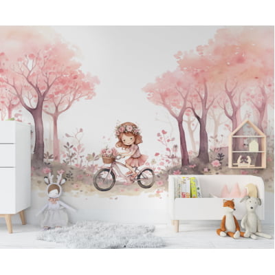 Papel De Parede Menininha Bicicleta Floresta Infantil VR625