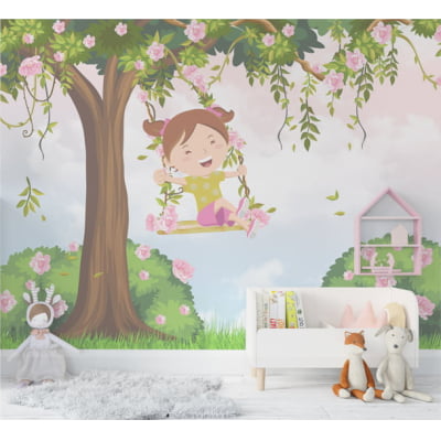 Papel De Parede Menininha No Balanço Árvore Flor Bebê VR602