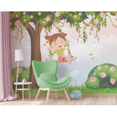 Papel De Parede Menininha No Balanço Árvore Flor Bebê - VR602