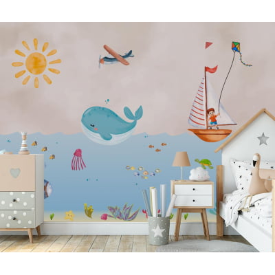 Papel De Parede Oceano Menino Vida Marinha Infantil - Pp731