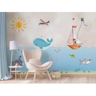 Papel De Parede Oceano Menino Vida Marinha Infantil - Pp731