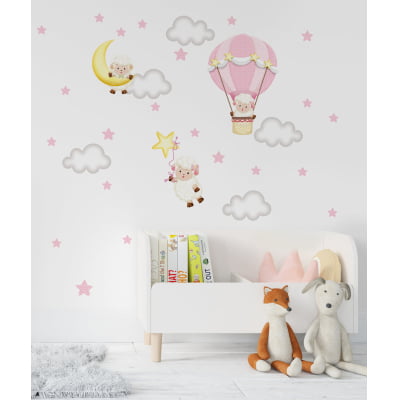 Papel De Parede Ovelhas Balão Estrelas Quarto Infantil Bebê VR581