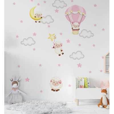 Papel De Parede Ovelhas Balão Estrelas Quarto Infantil Bebê VR581