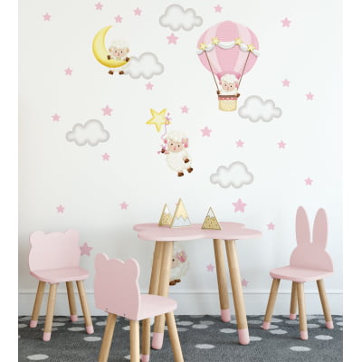 Papel De Parede Ovelhas Balão Estrelas Quarto Infantil Bebê VR581