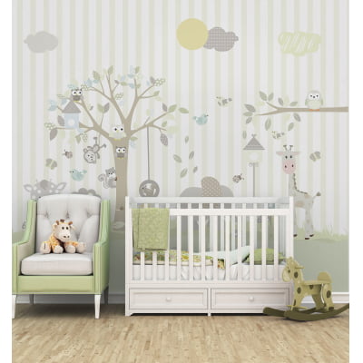 Papel de Parede quarto de bebê animais safari árvore floresta - VR660