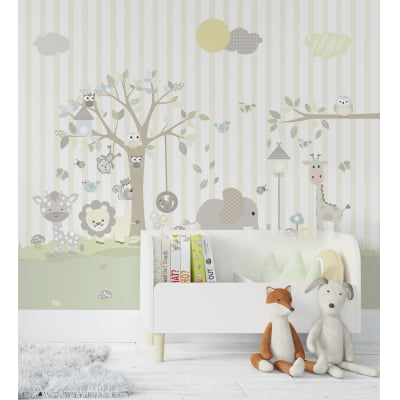 Papel de Parede quarto de bebê animais safari árvore floresta - VR660