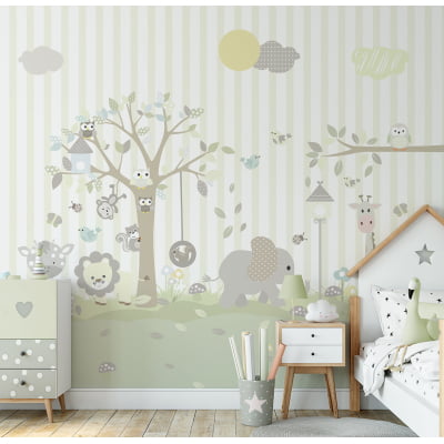 Papel de Parede quarto de bebê animais safari árvore floresta - VR660