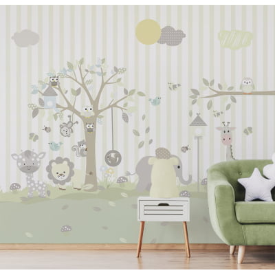 Papel de Parede quarto de bebê animais safari árvore floresta - VR660