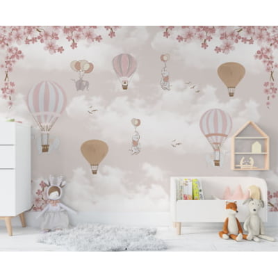 Papel de Parede quarto de bebê floral balões elefantes infantil - VR668