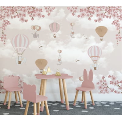 Papel de Parede quarto de bebê floral balões elefantes infantil - VR668