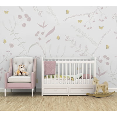 Papel de Parede quarto de bebê floral jardim flores borboletinhas infantil - VR661