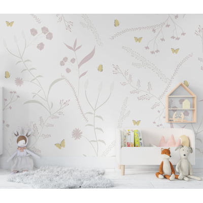 Papel de Parede quarto de bebê floral jardim flores borboletinhas infantil - VR661