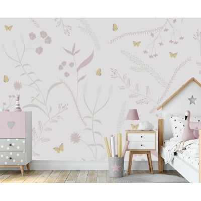 Papel de Parede quarto de bebê floral jardim flores borboletinhas infantil - VR661